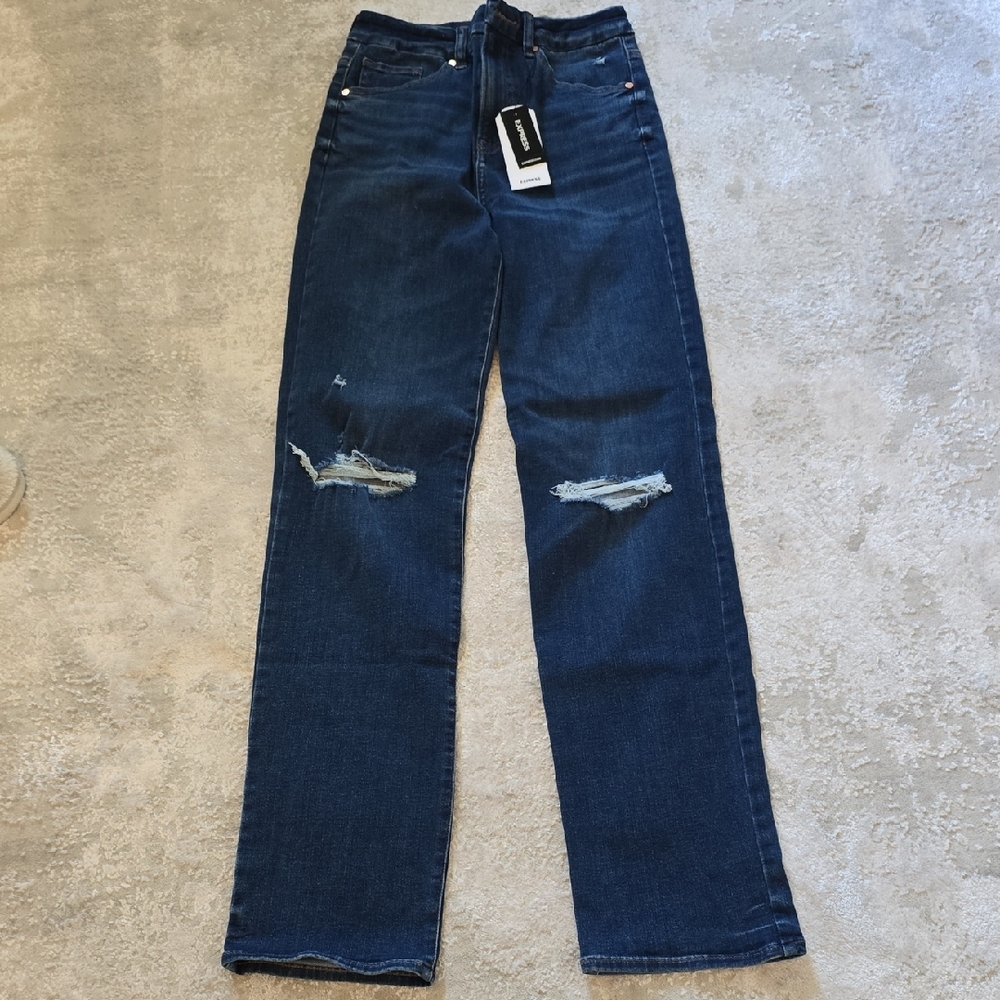 Express Dark Blue Modern Straight Super High Rise Flexx Jeans